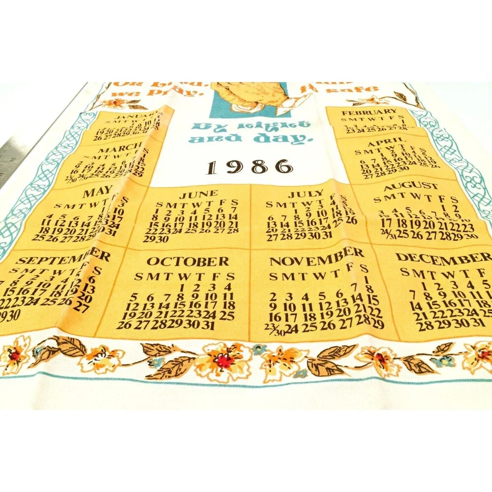 Vintage 1986 Cotton Fabric Kitchen Tea Towel Wall Calendar 25x15